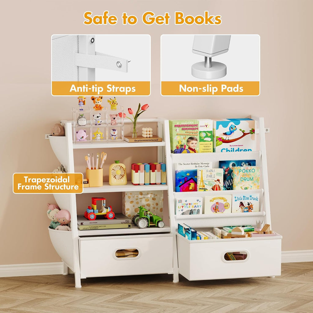 Kids Bookshelf and Toy Storage Organizer, 3 Tier Kids Bookcase, Sling Bookshelf and 2 Toy Bins with Toy Storage