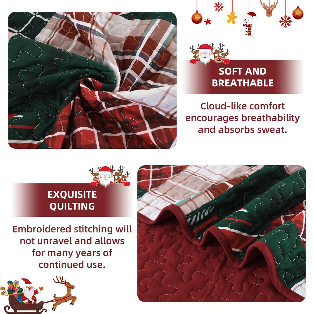 Christmas Quilt Set King Size, Red Green Plaid Patchwork Holiday Bedspread