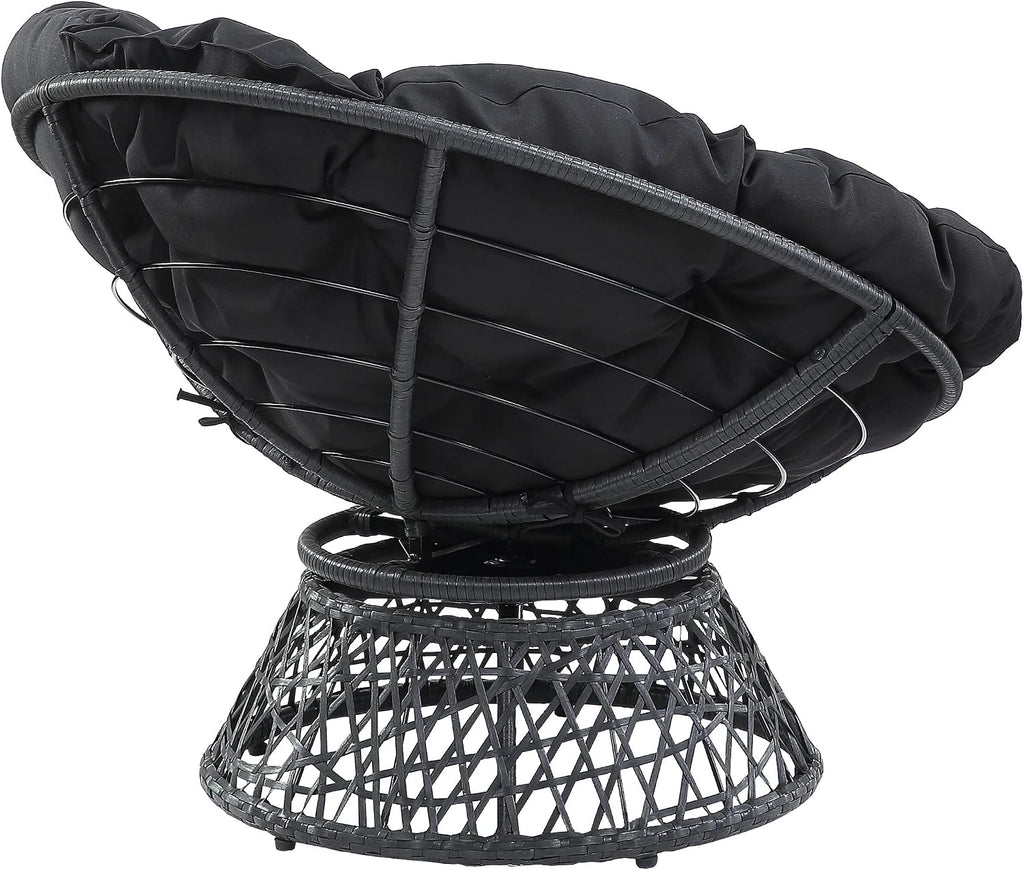 Wicker Papasan Chair with 360-Degree Swivel, Grey Frame with Black Cushion