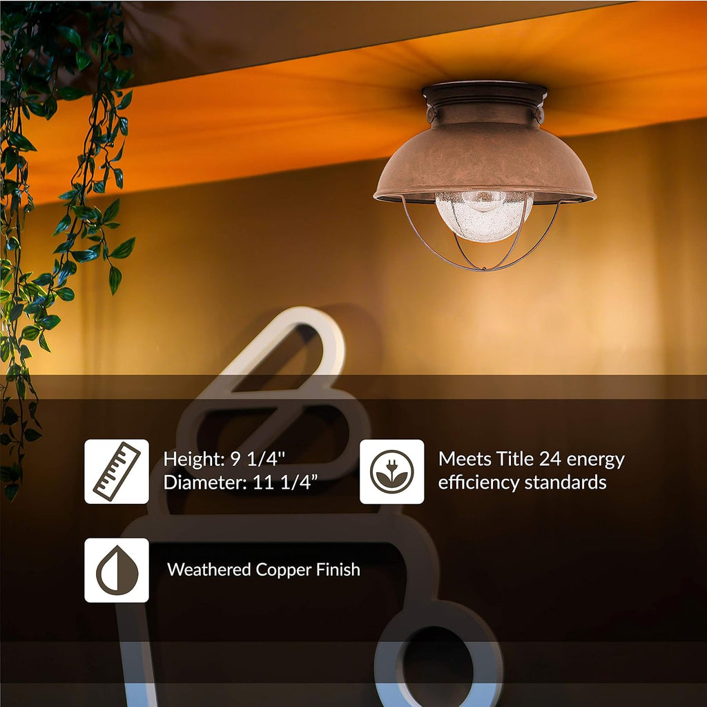 Sebring One Light Outdoor Flush Mount Ceiling Light with Clear Seeded Glass Diffuser, Weathered Copper Finish