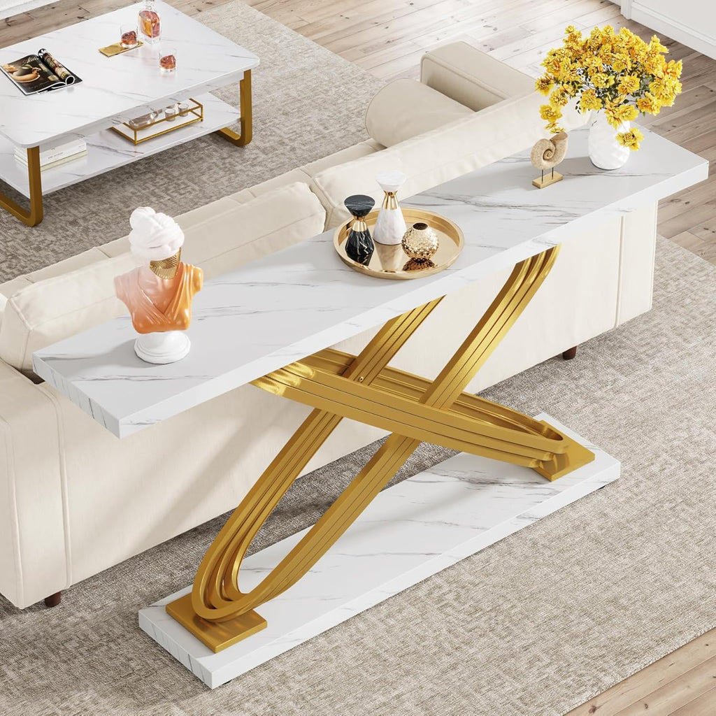 55 Inch Modern Console Table, Gold Entryway Table Behind Sofa Couch, Narrow Rectangular Sofa Table , Front Hall