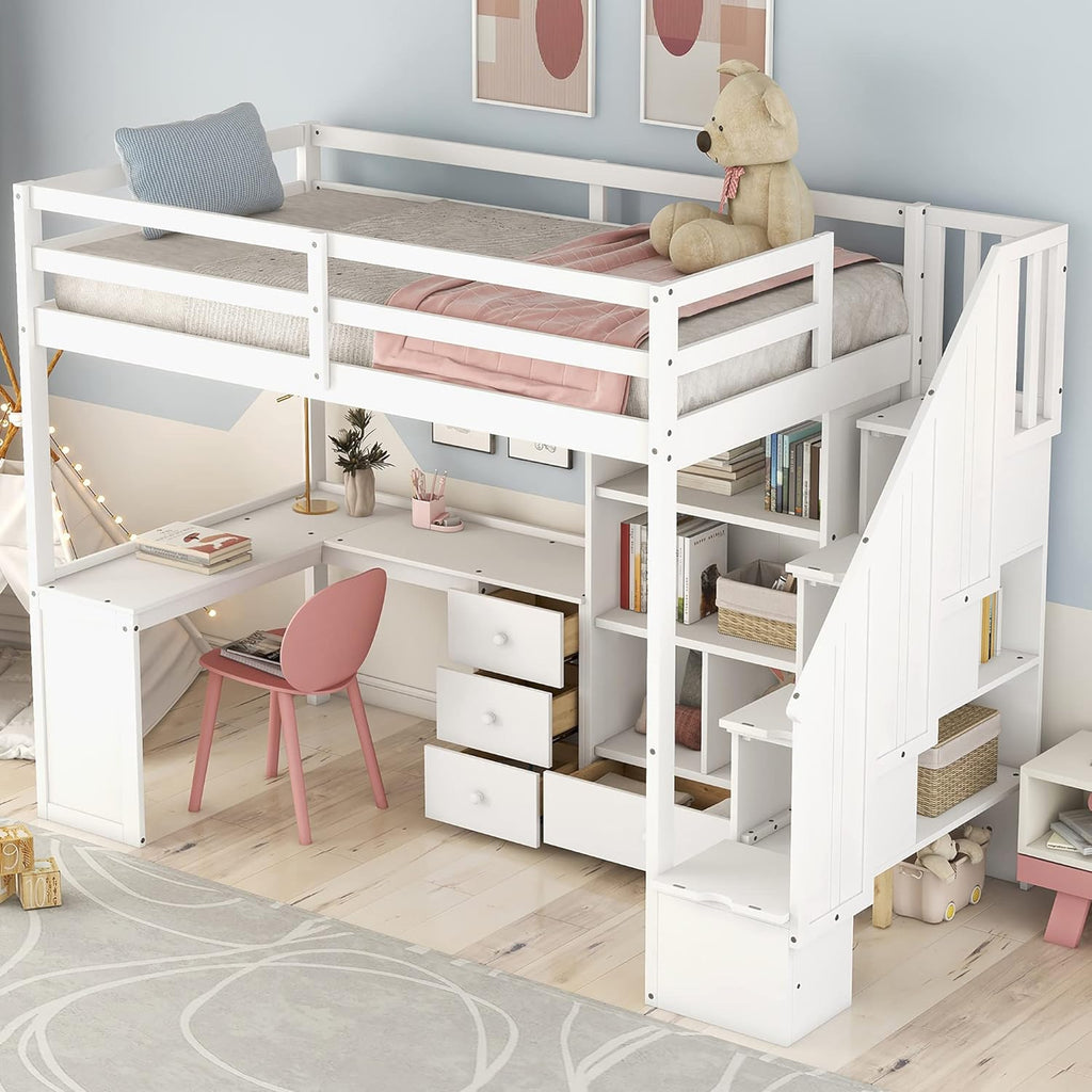 Twin Loft Bed with L Shaped Desk, Storage Drawers and Bookcase