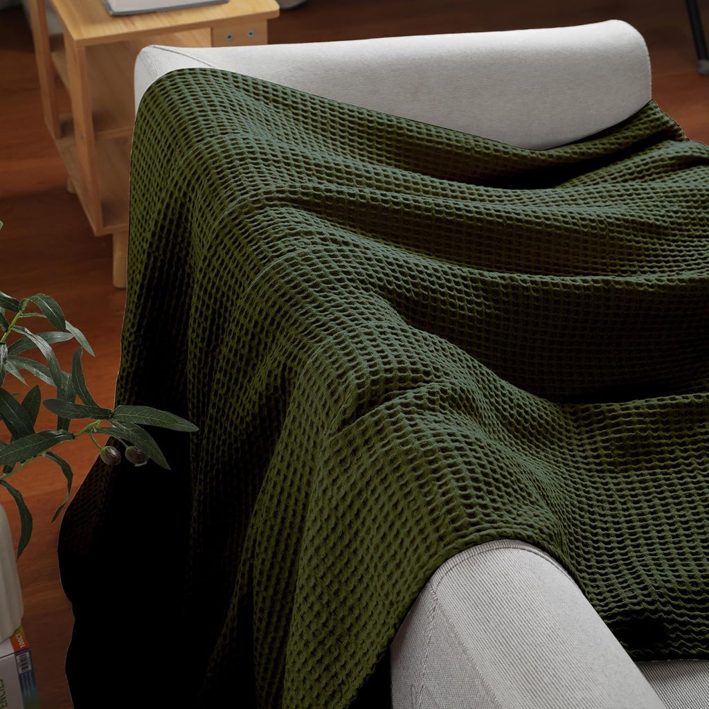 100% Cotton Waffle Blanket (Green - King - 104 * 90''), Pre-Washed and Anti-Shrinkage Soft Lightweight Bed & Couch
