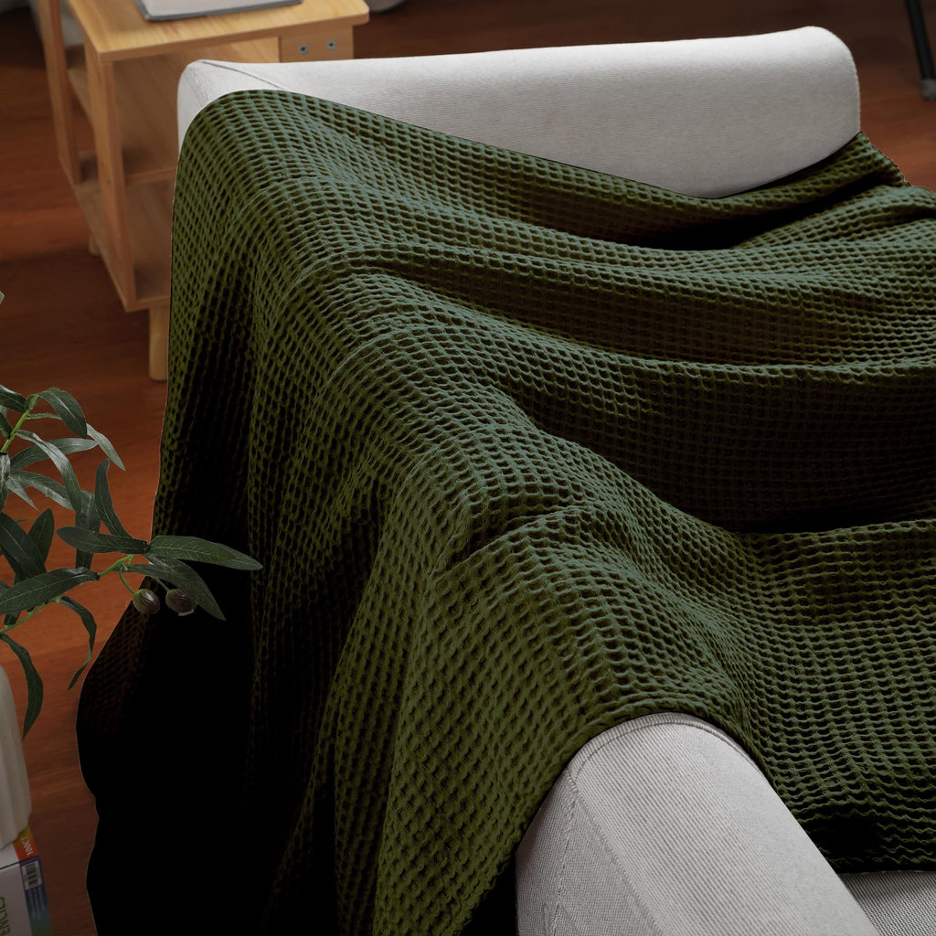100% Cotton Throw Blanket for Couch, Waffle Weave, Green, 50" x 60"