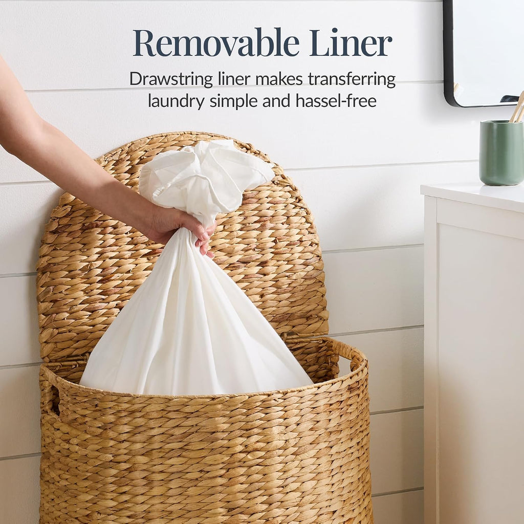 Half Moon Laundry Hamper w/Lid, Woven Half Round Laundry Basket, w/Removable Liner & Bult-in Handles & Laundry Room