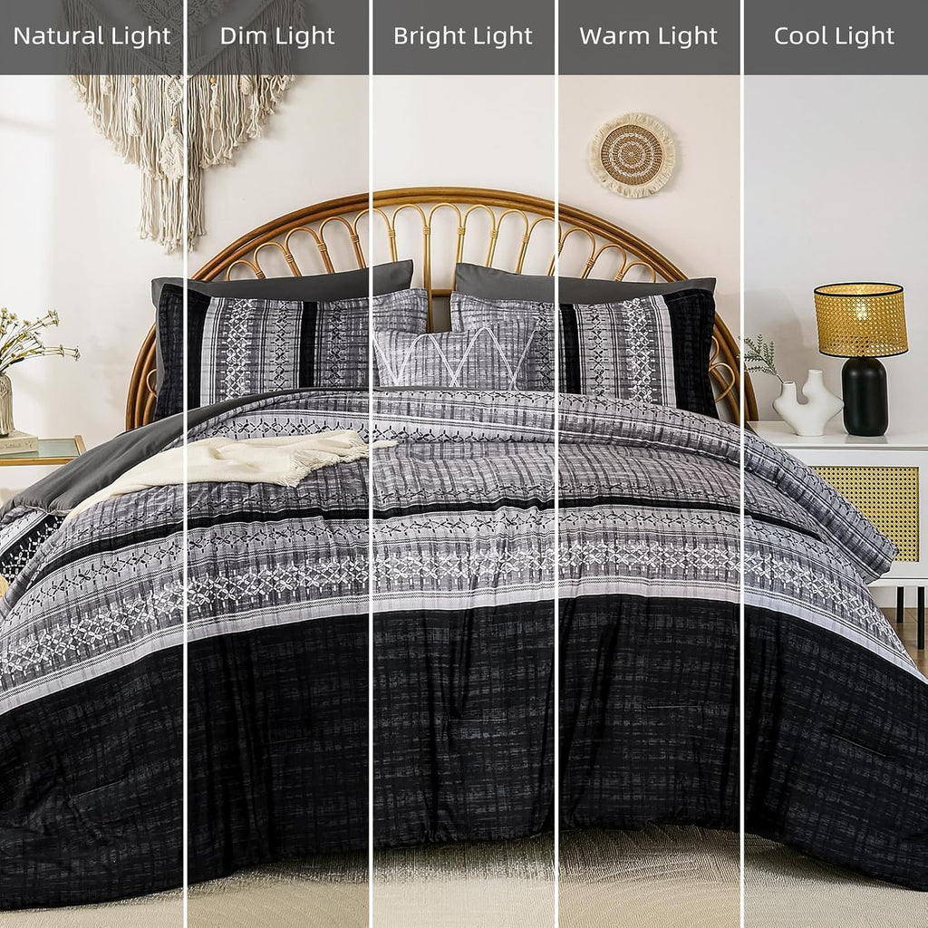 Dintszyayue Black Comforter Set Queen, 8 Pieces Boho Striped Bed in a Bag Soft Microfiber Bedding Set for All Season
