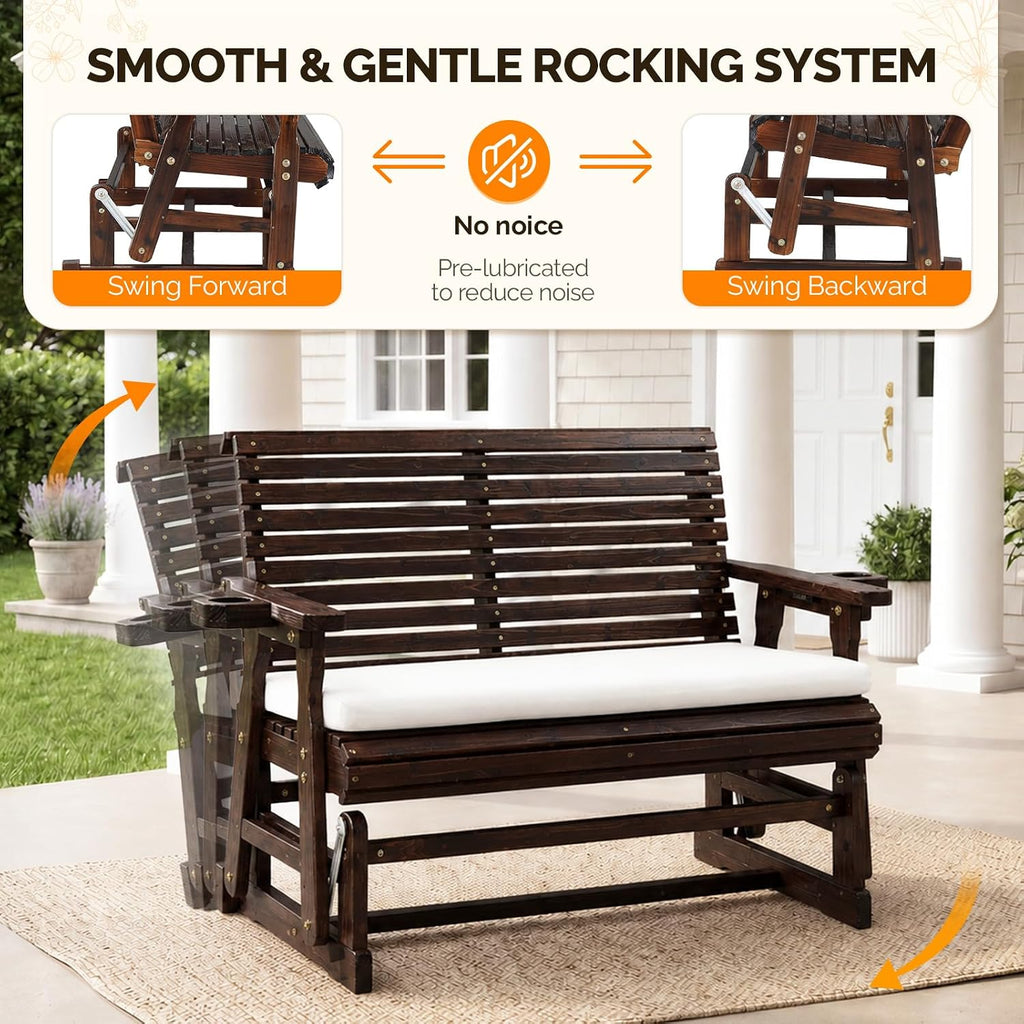 Wooden Patio Glider with Cushion, Heavy Duty 800 LBS Outdoor Glider with Cup Holders, 4 FT Wooden Glider Bench with