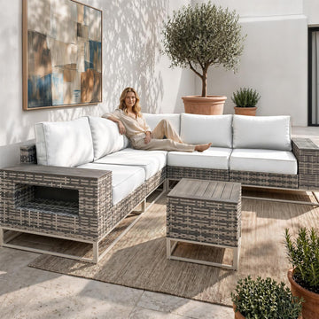 Outdoor Patio Furniture Set, PE Wicker Sectional Sofa with Thick Cushions | 6-Piece: Modular Sectional Sofa with