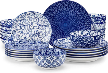 SELENE Plates and Bowls Set for 6, 24 Pieces Dinnerware Sets, Mircowave and Dishwasher Safe Dishes Set