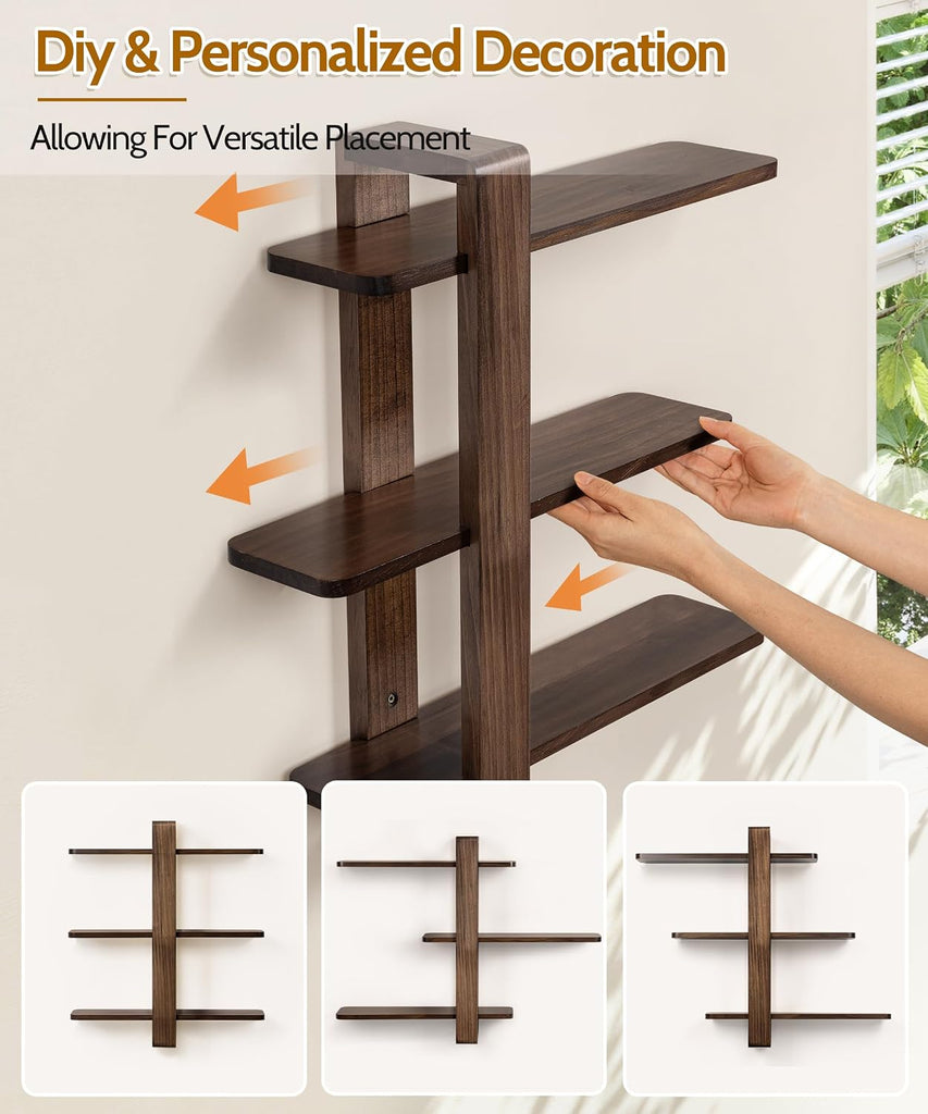 Floating Shelves for Wall Walnut Shelf Unit Mid Century Modern Decor | 3 Tier 20in Adjustable Shelving, Decorative