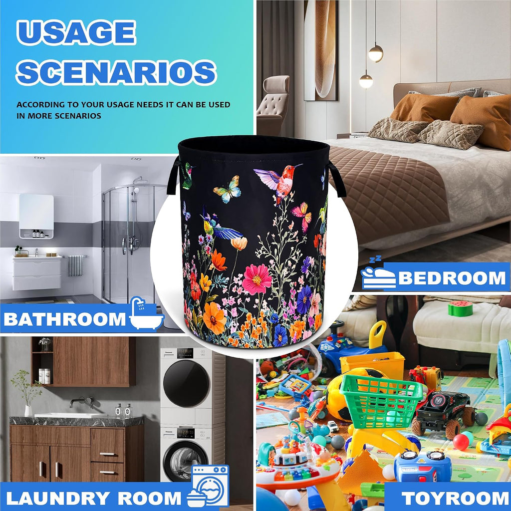 Hummingbird Flowers Laundry Basket Oxford Cloth Butterflies Laundry Hamper | With Handle Foldable Portable Clothes