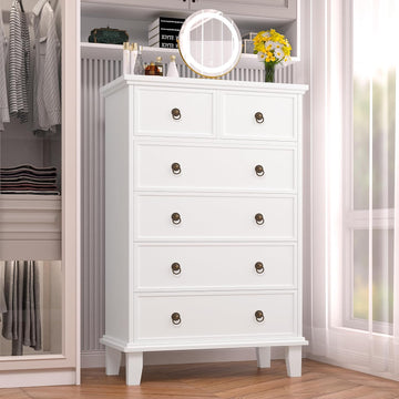6 Drawer Tall Dresser , White Large Chest of Drawers, Modern Farmhouse 6 Drawers Storage Dresser