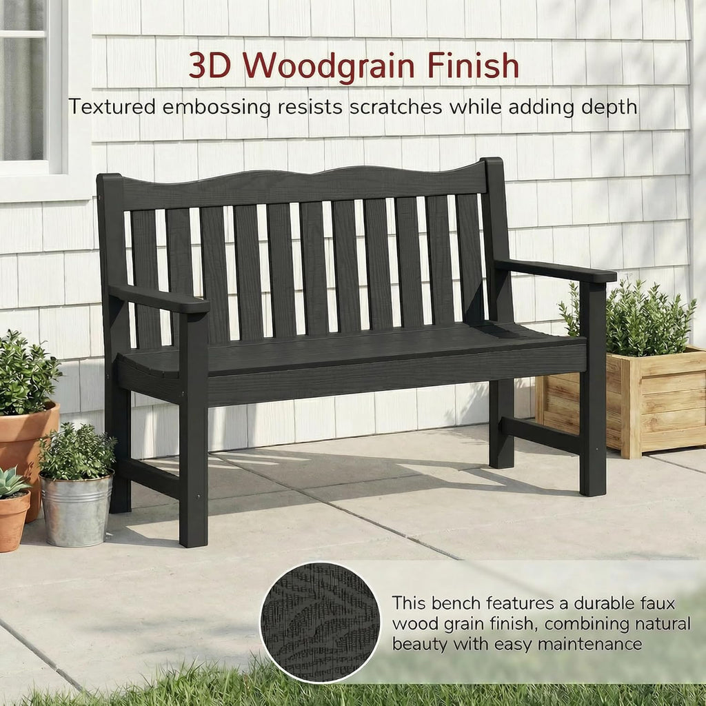 All-Weather 2-Person Outdoor Bench, 800 lbs Capacity HIPS Plastic Garden Bench , Backyard, Porch and Park, Never