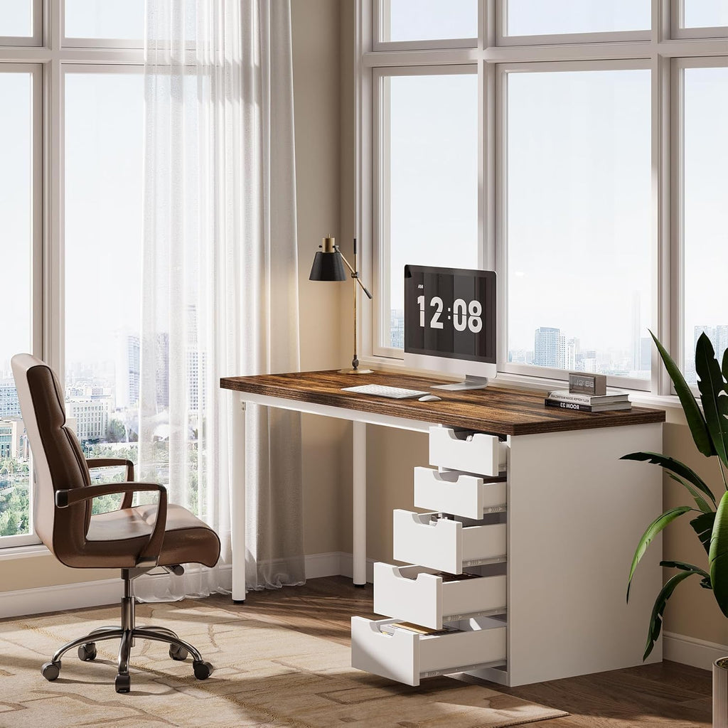 Modern Simple Computer Desk, 47 Inches PC Desk with 5 Reversible Drawers