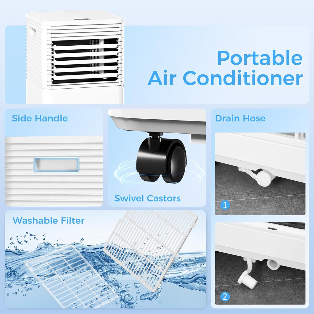 10000 BTU Mobile Portable Air Conditioner for Rooms Up to 441 Sq.Ft., 4-in-1 AC Unit with Cooling, Dehumidifier, Fan