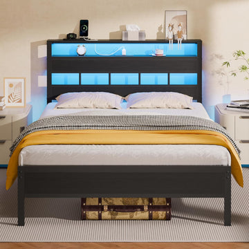 Full Bed Frame with LED Light and Charging Station, Wood Storage Headboard with 2-Tier Shelves
