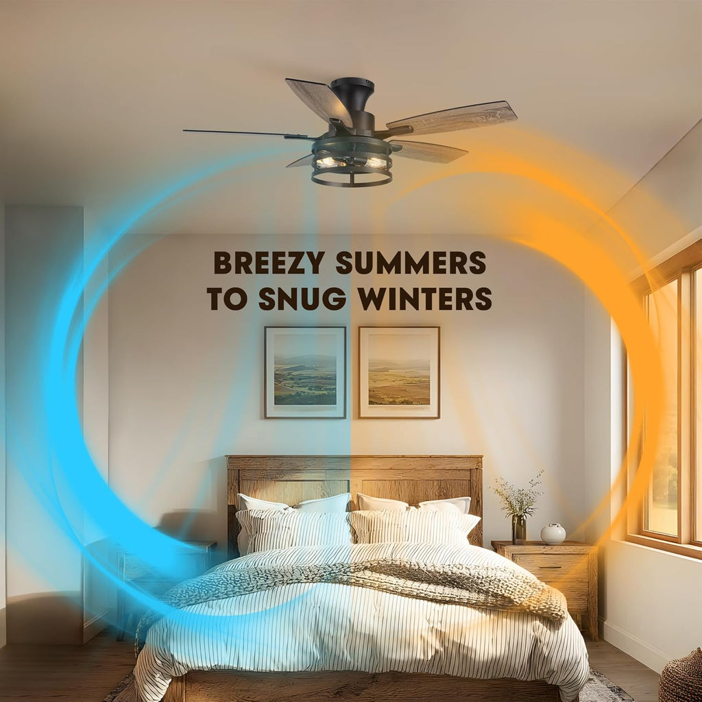 42 Inch Flush Mount Ceiling Fans with Lights and Remote Control, Farmhouse Ceiling Fan with LED Lighting