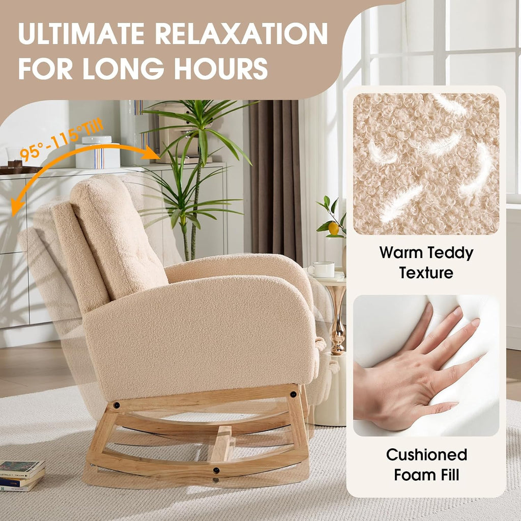 Modern Nursery Rocking Chair with Footrest, Teddy Upholstered Recliner Glider Chair with Diamond Shape Back, Tufted
