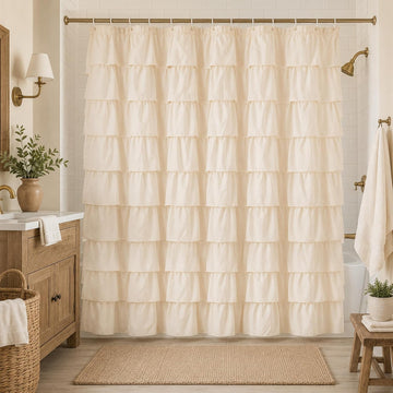 Beige Ruffle Shower Curtain , 72x72, Elegant Ruffled Panle | Soft Cream Color, Cascading Waterfall Ruffles, 72 x 72