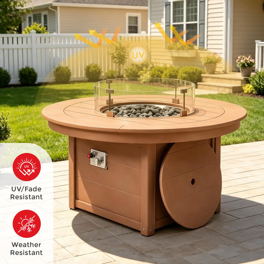 47" Modern Outdoor 55, 000 BTU Patio Backyard Round Propane Fire Pit Table (Rocks Not Included), Teak