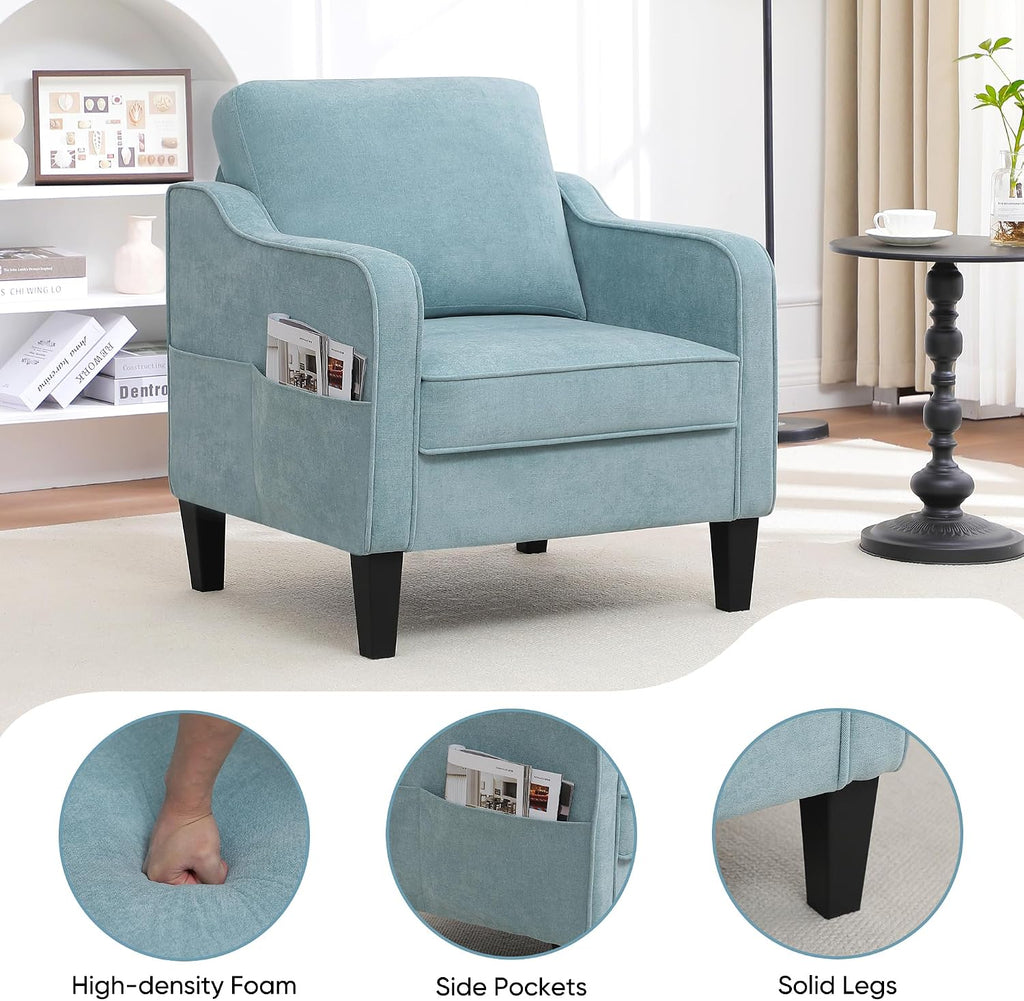 Accent Chair , Mid Century Modern Reading Chair , Upholstered Armchair with Side Pockets, Comfy Single Sofa Side