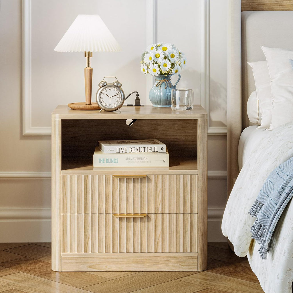 Fluted Night Stand Set of 2, Modern Nightstand with Charging Station, Drawers and Open Shelves - Bedside Table Wood