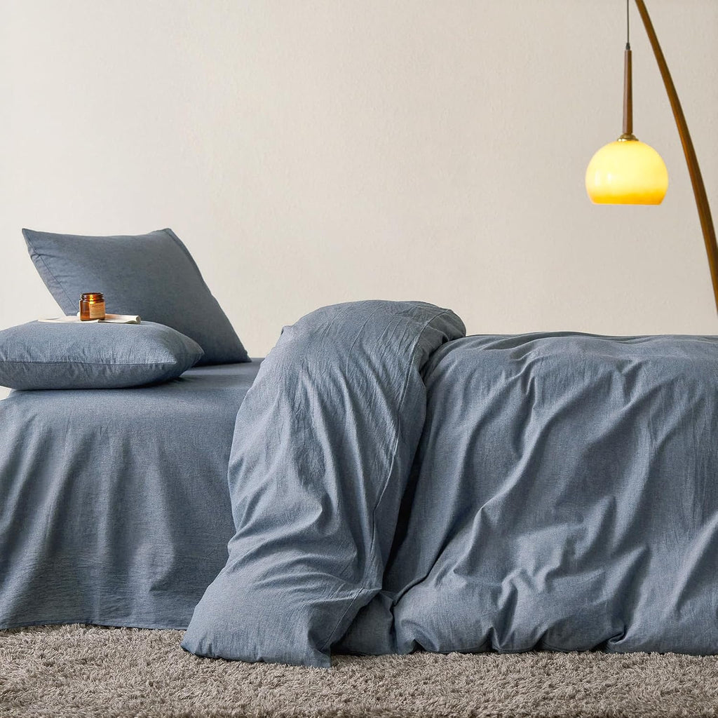 Cotton Duvet Cover Set, 100% Washed Cotton, Linen Like Textured, Breathable Durable Comfy Farmhouse Neutral Bedding