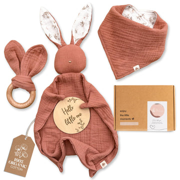 Organic Cotton Newborn Gifts Box, Unisex Loveys & Accessories incl. Muslin Baby Comforter + Baby Bandana Bib + Wooden