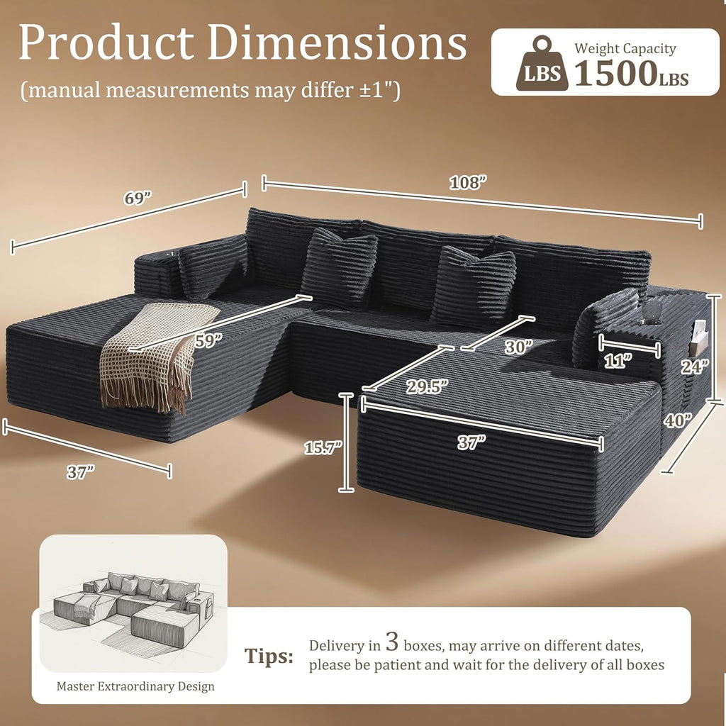 108" Oversized Cloud Sectional Couch, Comfort U Shaped Boneless Couch , Extra Deep Seats No Assembly, Modular Sofa
