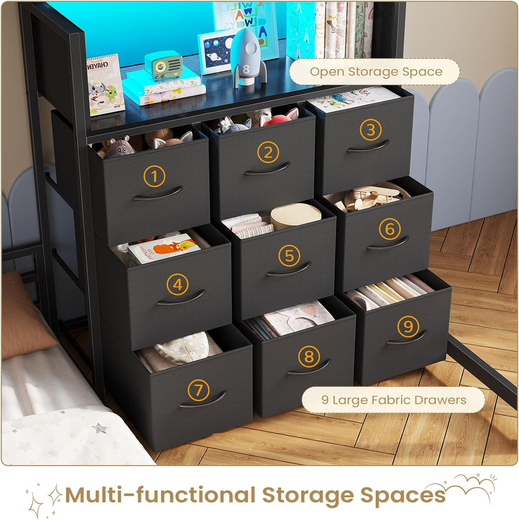 Low Bunk Bed Twin Over Twin with 9 Storage Drawers, L-Shaped Twin Bunk Beds with LED Lights & Play Area