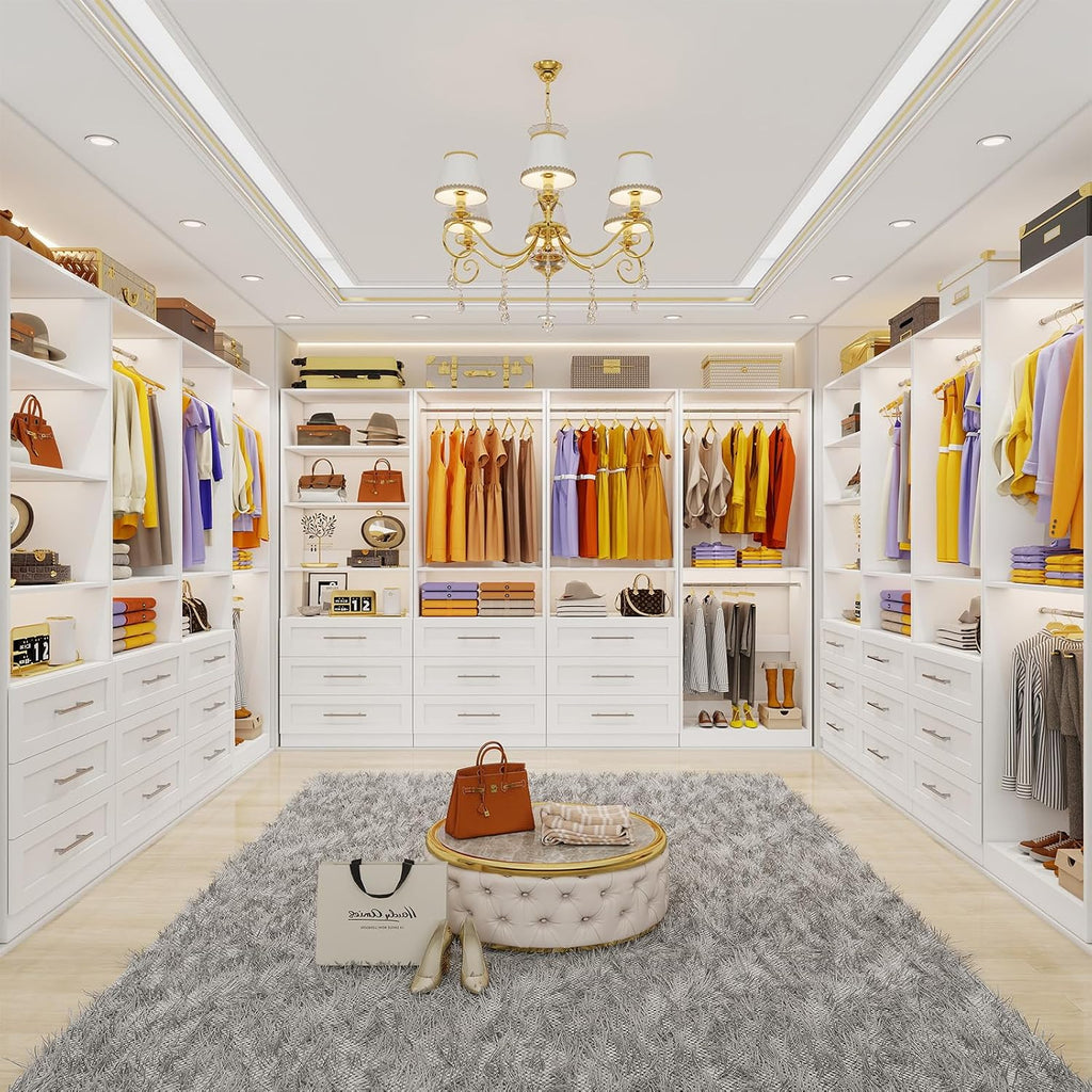 Closet System with 4 Sets, 8-21FT Closet Organizer System with 9 Drawers & 6 Shelves & 8Hanging Rods, Custom L-Shaped