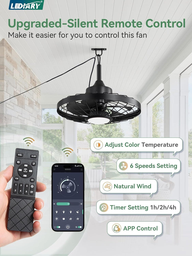 20" Outdoor Ceiling Fan with Lights,IP65 Waterproof Gazebo Hanging Fan with Remote Control Smart App