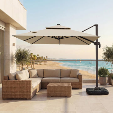 9x12 FT Patio Cantilever Umbrella with Base, Rectangular Heavy Duty Offset Umbrella for 6-8 People - Beige - 6D1G