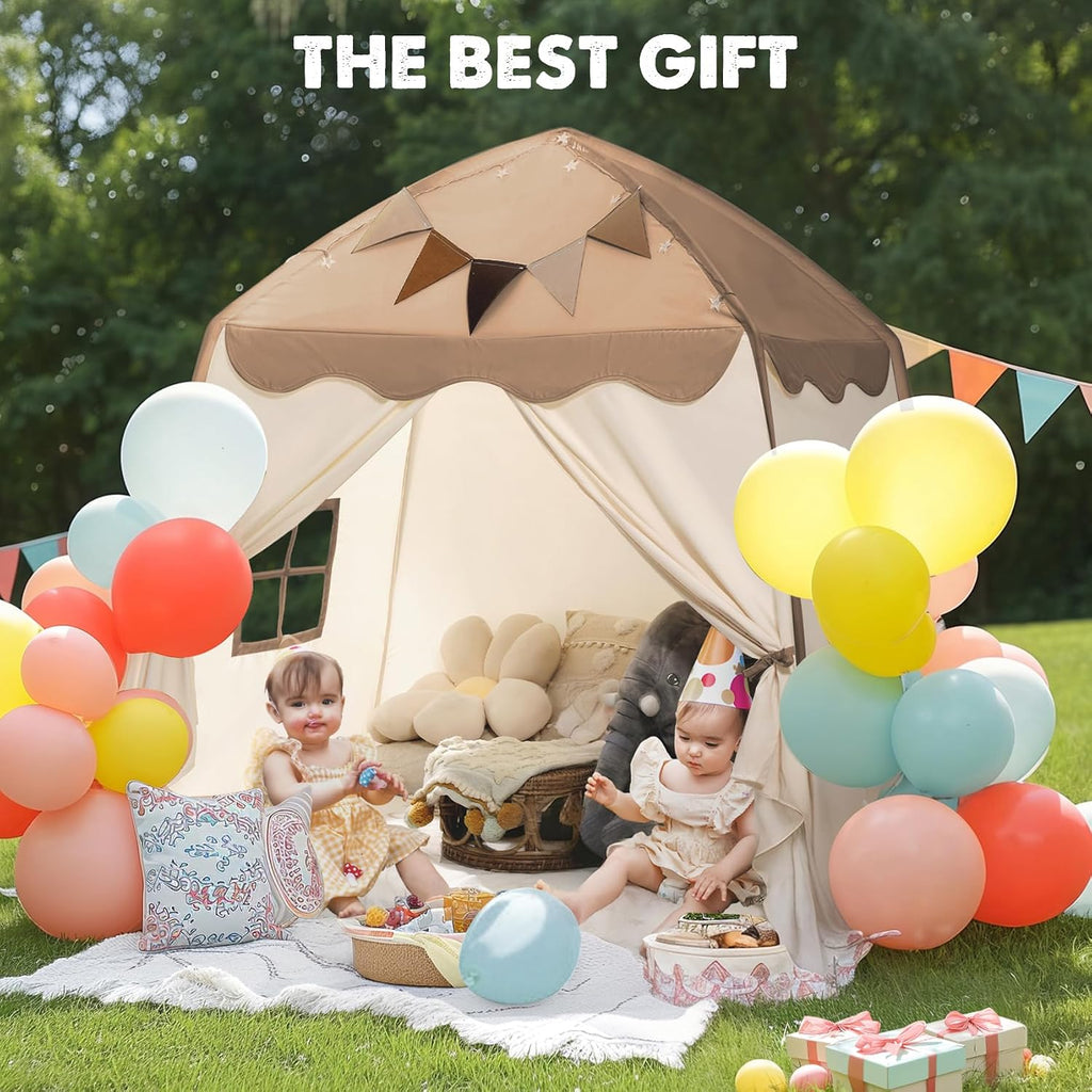 Extra Large Kids Play Tent with Flags & Star Lights, Portable & Foldable Teepee Tents, Dome Tent Playhouse for Indoor