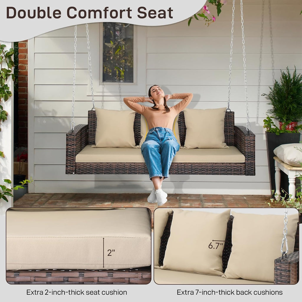5FT Wicker 3 Person Porch Swing with Cushions, Pillows and Chains | Hanging outdoor swing supports 1000 lbs