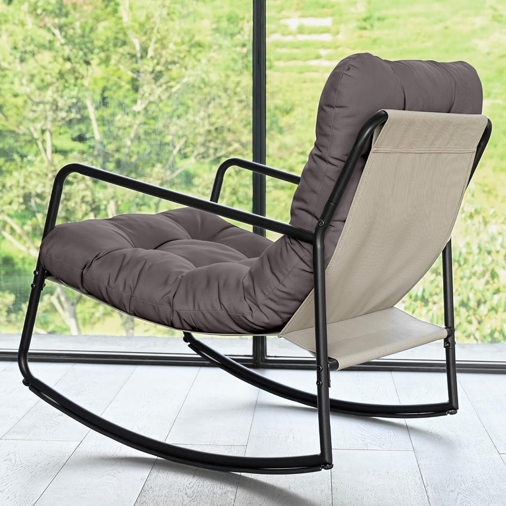 Outdoor Rocking Chair - Comfy Papasan Patio Lounge Chair with Thick Cushion, Sturdy Frame for Indoor Outdoor Use