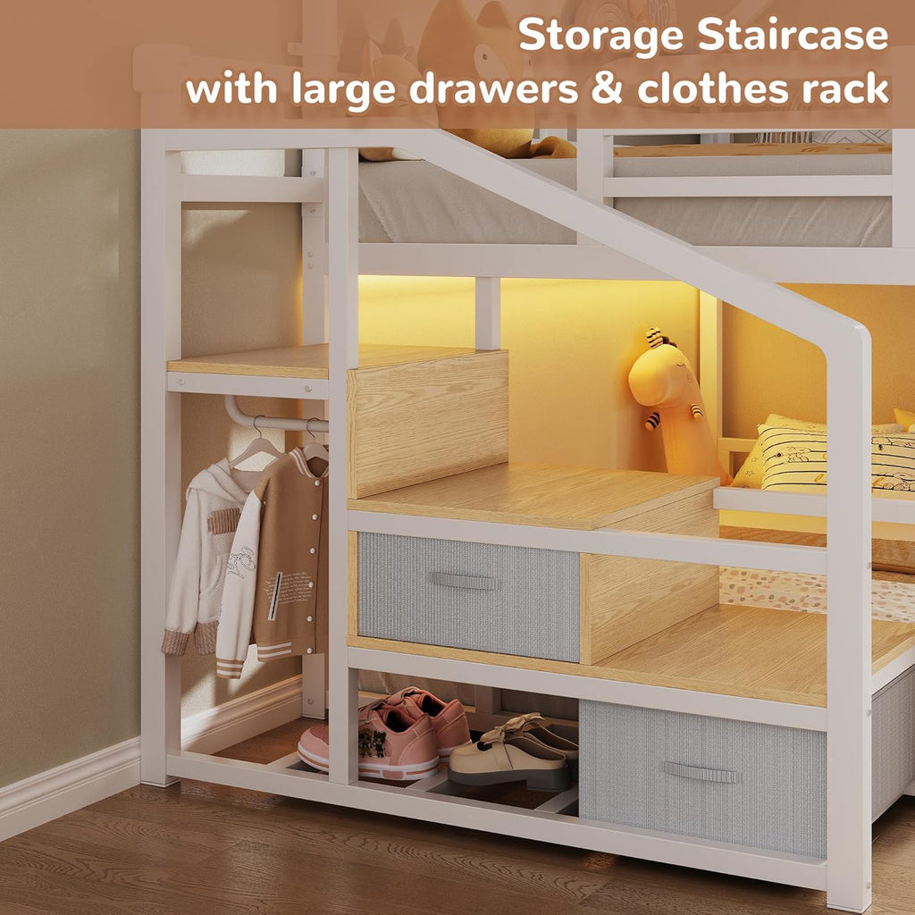 Metal Bunk Bed Twin Over Twin with Storage Staircase, Clothes Rack, LED Twin Bunk Beds for Kids with 2 Storage Drawers