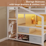 Metal Bunk Bed Twin Over Twin with Storage Staircase, Clothes Rack, LED Twin Bunk Beds for Kids with 2 Storage Drawers