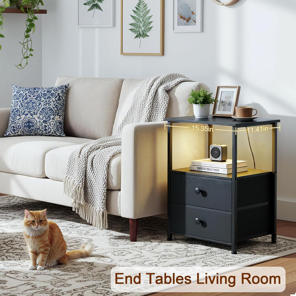 Night Stand Set 2, LED Nightstand with Charging Station, End Tables with Storage Shelf, Bed Side Table with 2 Fabric