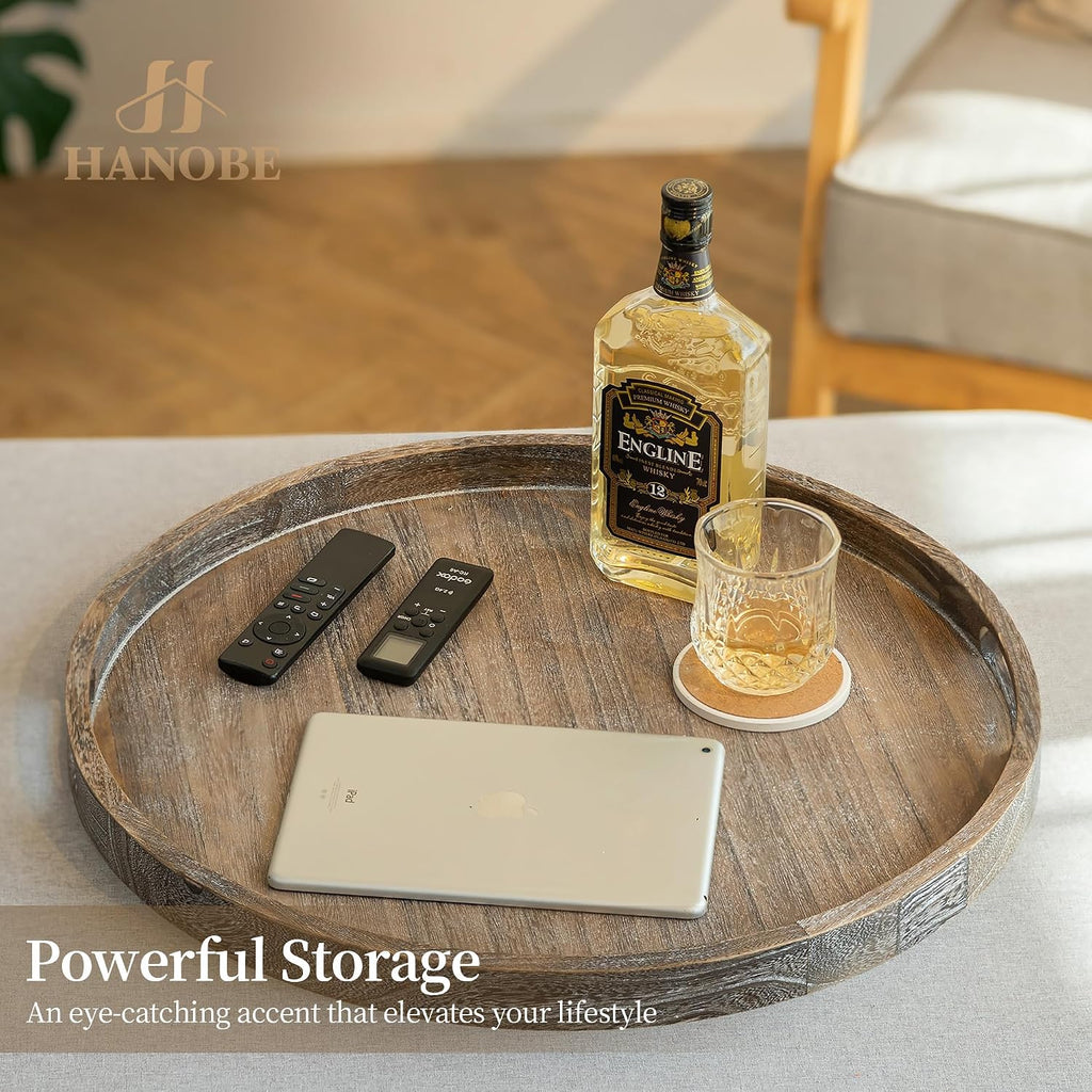 Wood Decorative Ottoman Tray with Handles, Round | 22" Large Coffee Table Tray Farmhouse Rustic Round Topper Decor