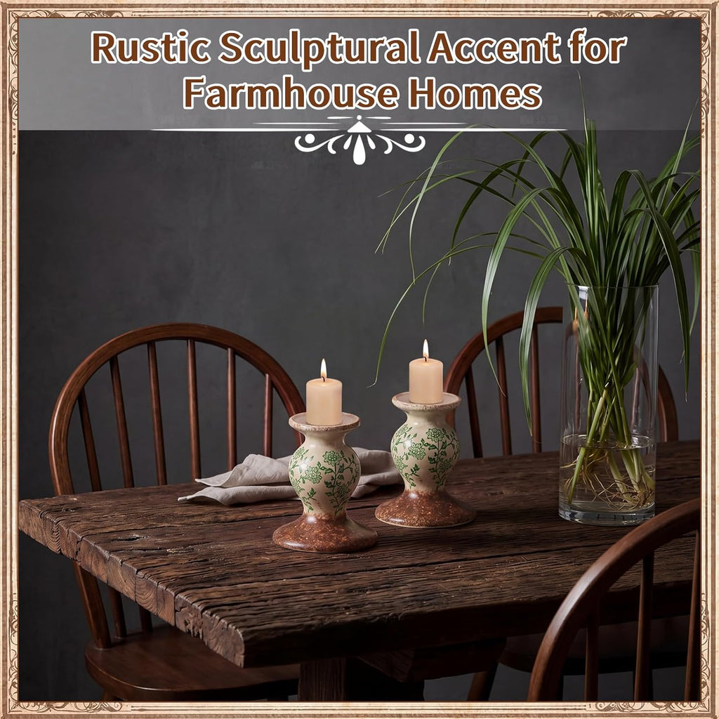 2 Pcs Terracotta Pillar Candle Holders Floral Sculptural Taper Candlestick Rustic Farmhouse Decorative Candleholders