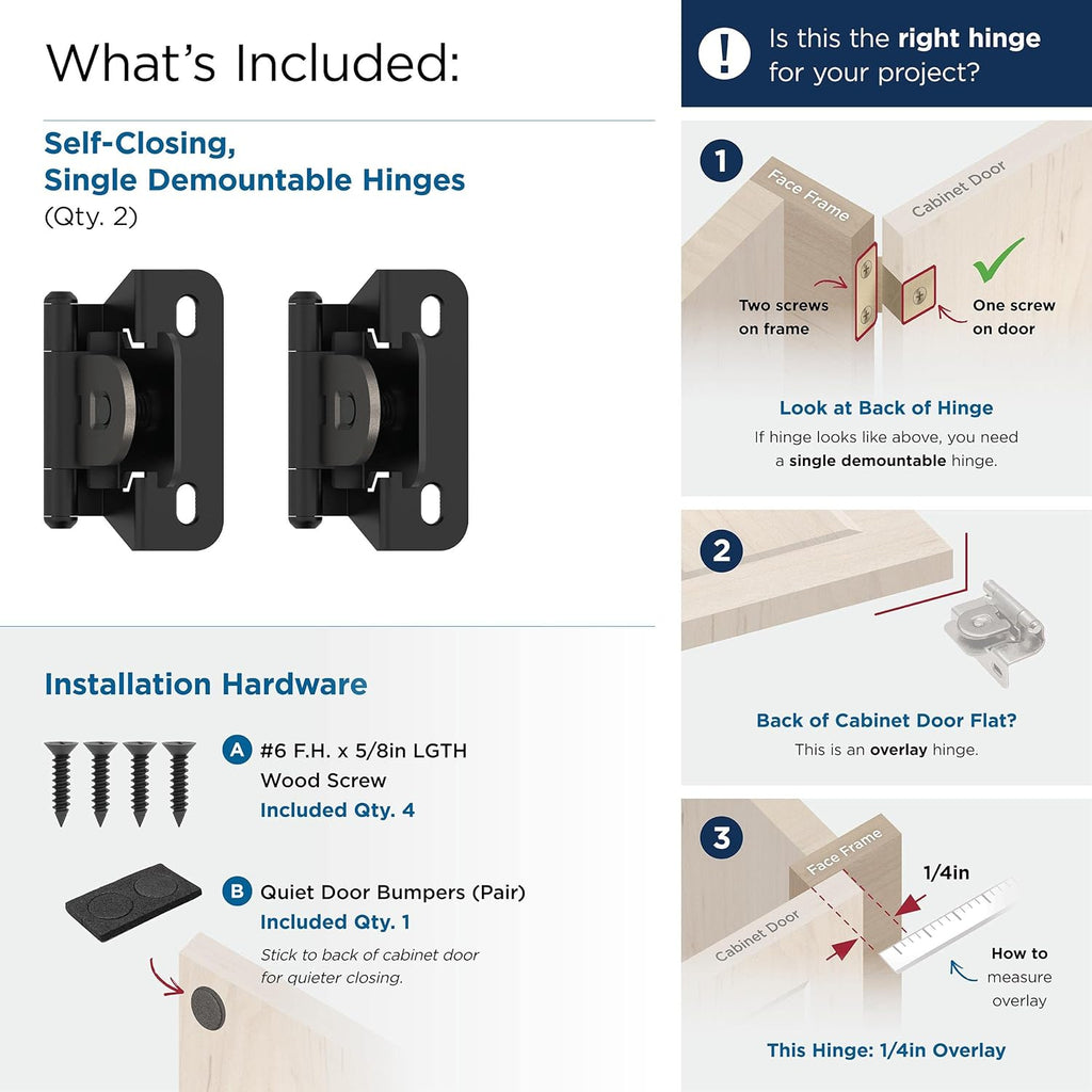 BPR8701FB | Cabinet Hinge | 1/4 inch (6 mm) Overlay Double Demountable | Matte Black | Kitchen Cabinet Door Hinge | 1