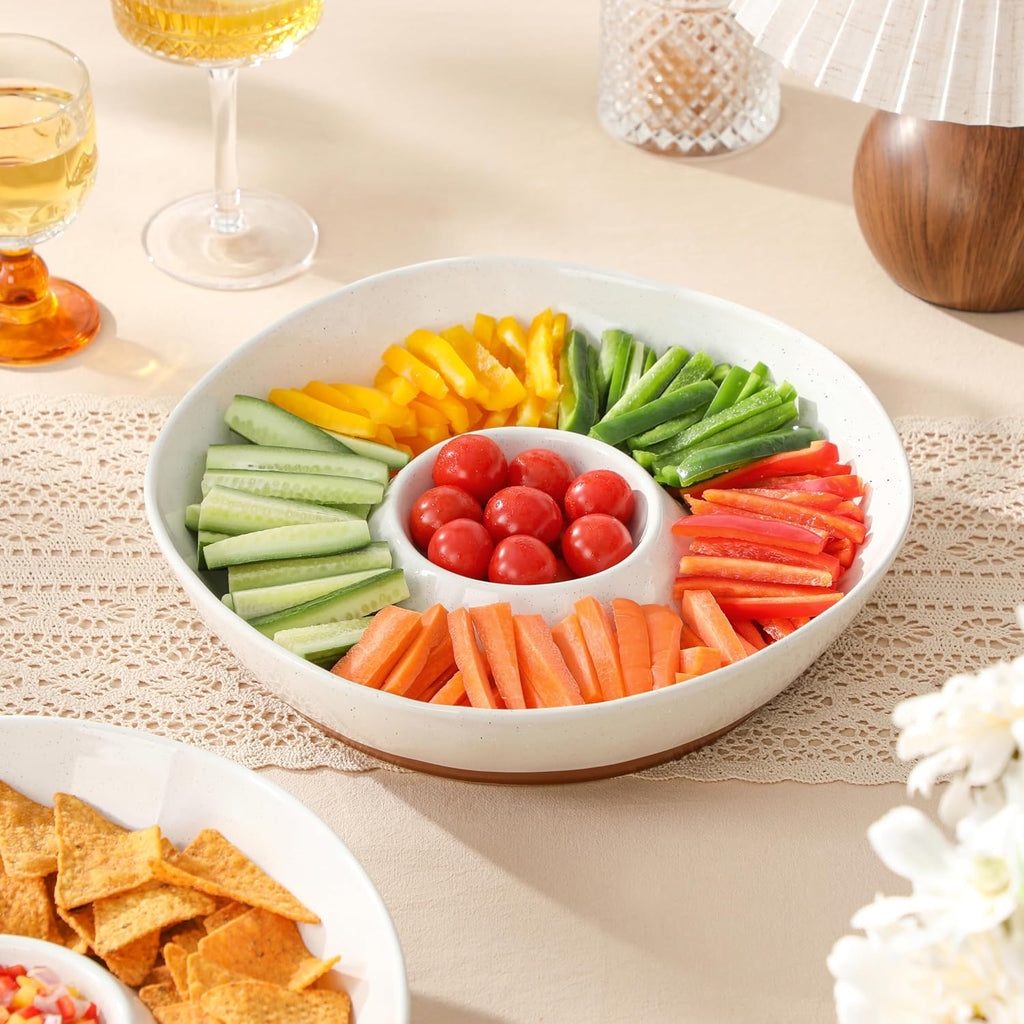 Ceramic Chips and Dip Serving Tray, 12 Inch Dip Serving Tray | Free-Form Divided Ceramic Chips and Dip Bowls for