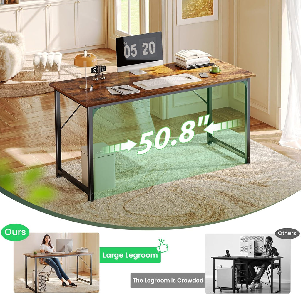 Computer Desk, 55 Inch Home Office Desk, Gaming Writing Work from Home Study Desk, Large Legroom, Sturdy Metal Frame
