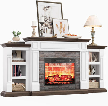 72" Electric Fireplace with Mantel and Cabinets, Fireplace TV Stand for Living Room Bedroom, Stacked Stone Surround