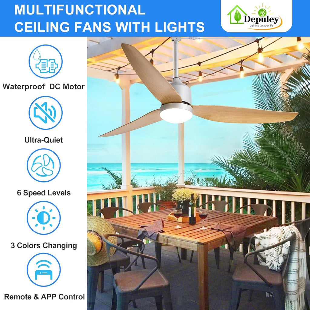 52 Inch Nickel Waterproof Gazebo Fans with Lights Outdoor Hanging - Plug in Remote App Control for Patio Indoor Farmhouse Porch - 6 Speed Reversible DC Motor