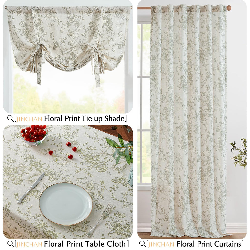 Green Floral Linen Blend Rectangle Table Cloth 52 x 70 Inch