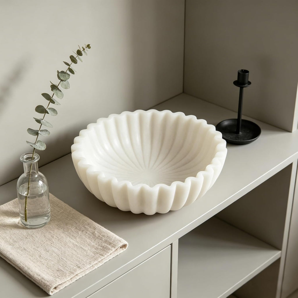 White Maeble Style Decorative Bowl, Entryway Console Centerpiece | Coffee Table Mantel Bookshelf Decor, 10" Scalloped