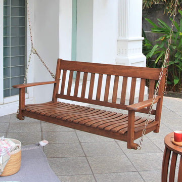 Bentley Solid Wood Mahogany Porch Swing, Natural Brown, Durable Weather-Resistant Outdoor Hanging Bench for Porch