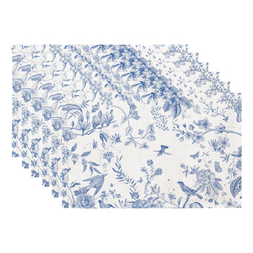 Boho Table Placemats Set of 6, 12"x18" Linen Place Mats, Blue Garden